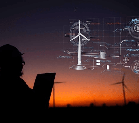 Wind turbines at sunset with grid data overlay